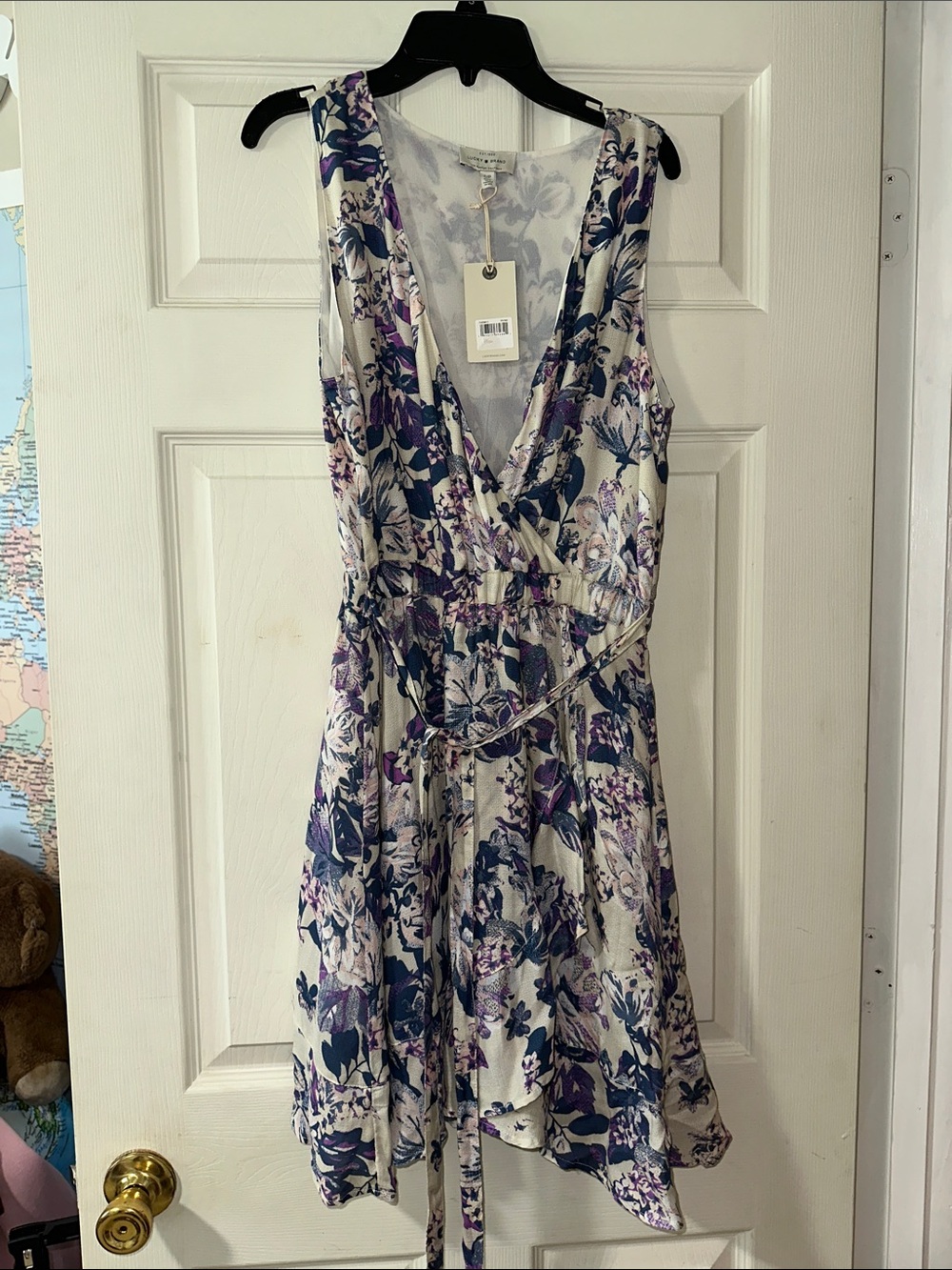 Lucky Brand Floral V-Neck Dress in Cream and Purple